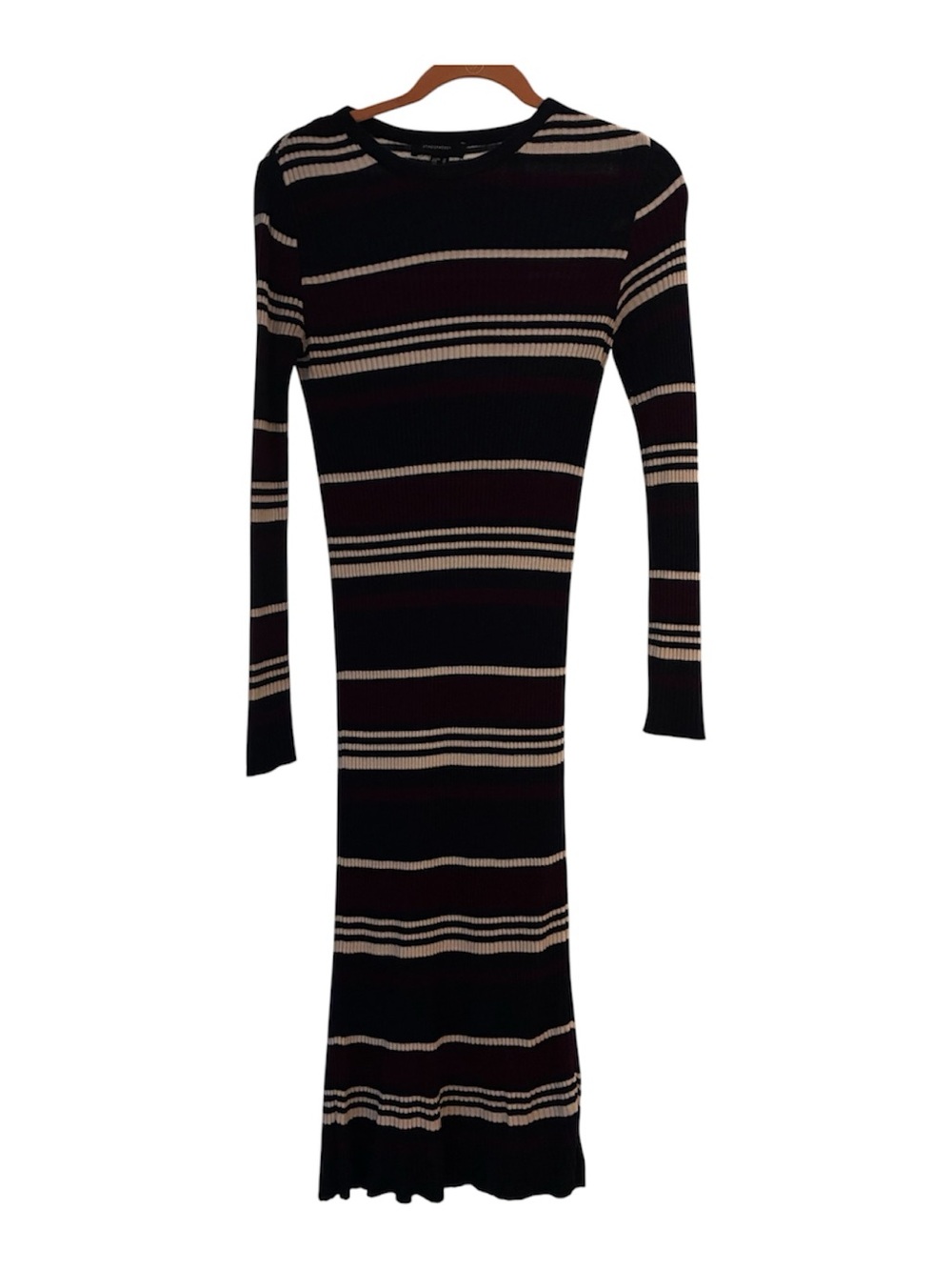 Atmosphere Navy Blue and Maroon Knit Long-Sleeve Striped Dress with Cream Bands